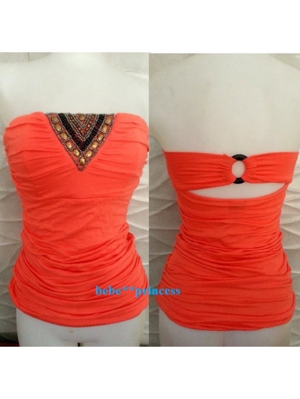 NWT bebe 2b orange sequin studded beaded embellished strapless cutout tube top - Picture 4 of 4